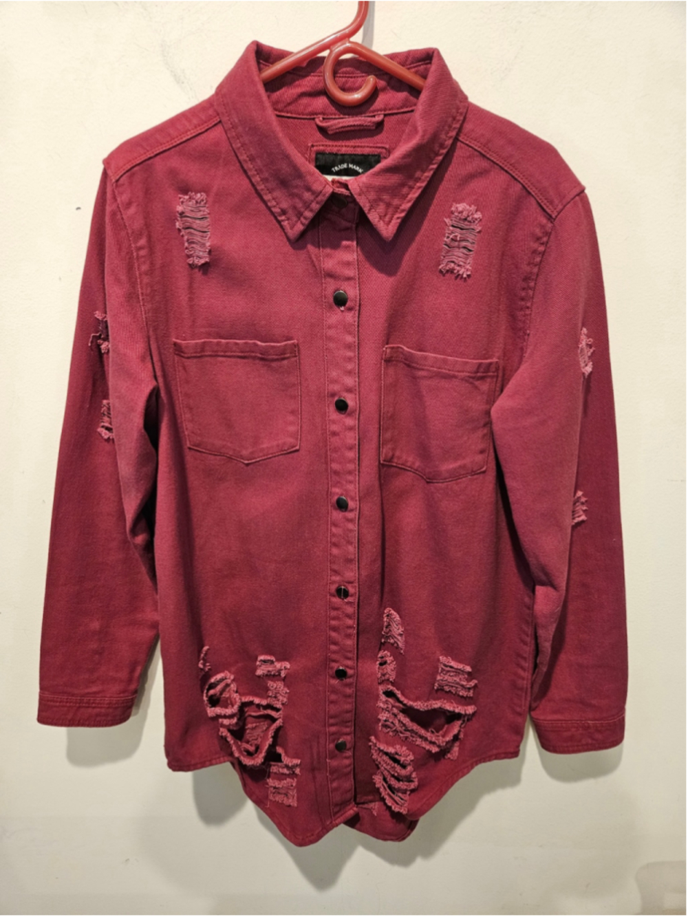 Women's Shadrie'lle Clothing Distressed Jean Jacket, Burgandy